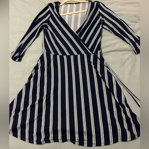 Dark blue striped a-line wrap mini dress